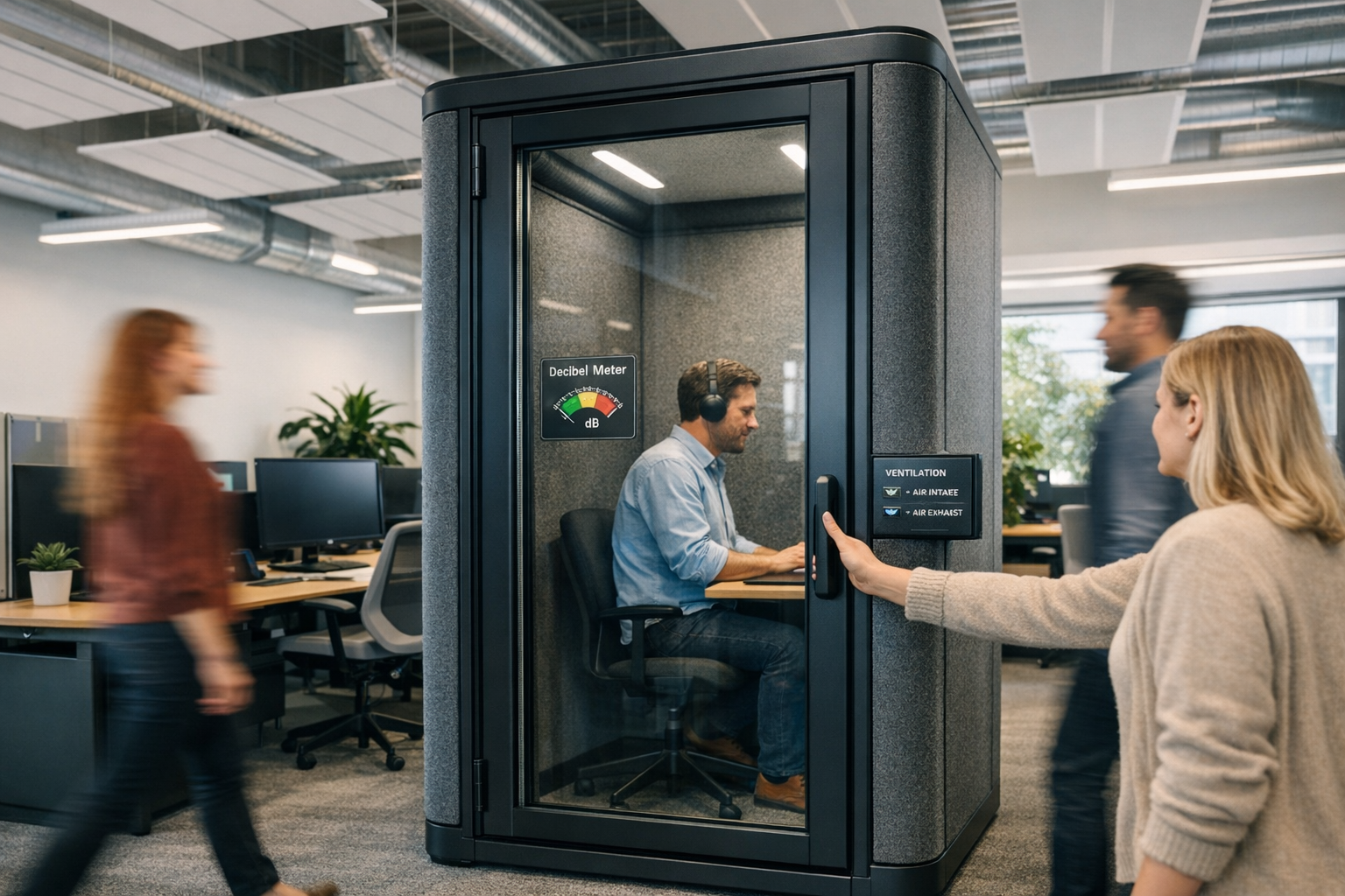Geluidsdichte cabines in een open kantoor