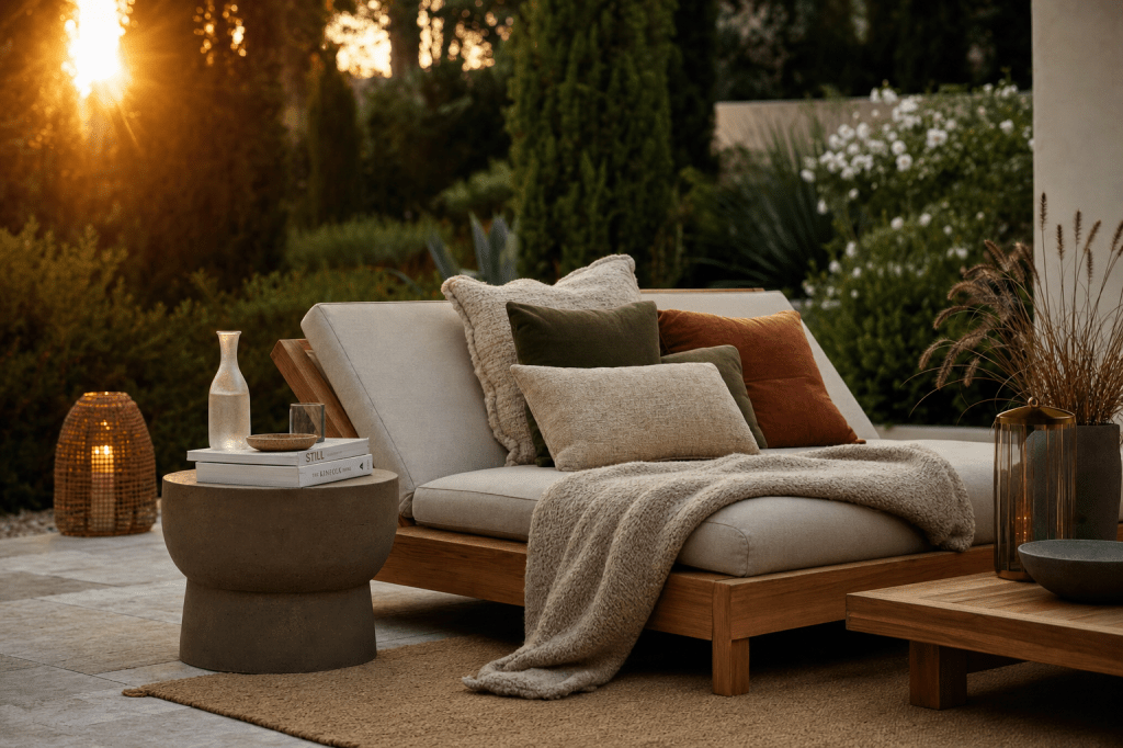 Hoe richt je een luxe loungebed-styling hoek in die past bij de sfeer van je tuin (kleur, kussens en accessoires)?