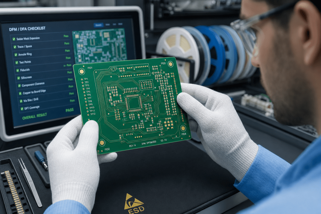 Welke ontwerptips helpen je om een PCB-design te optimaliseren voor manufacturability (DFM) en assemblage (DFA), zodat je minder productiefouten en lagere kosten&nbsp;krijgt?