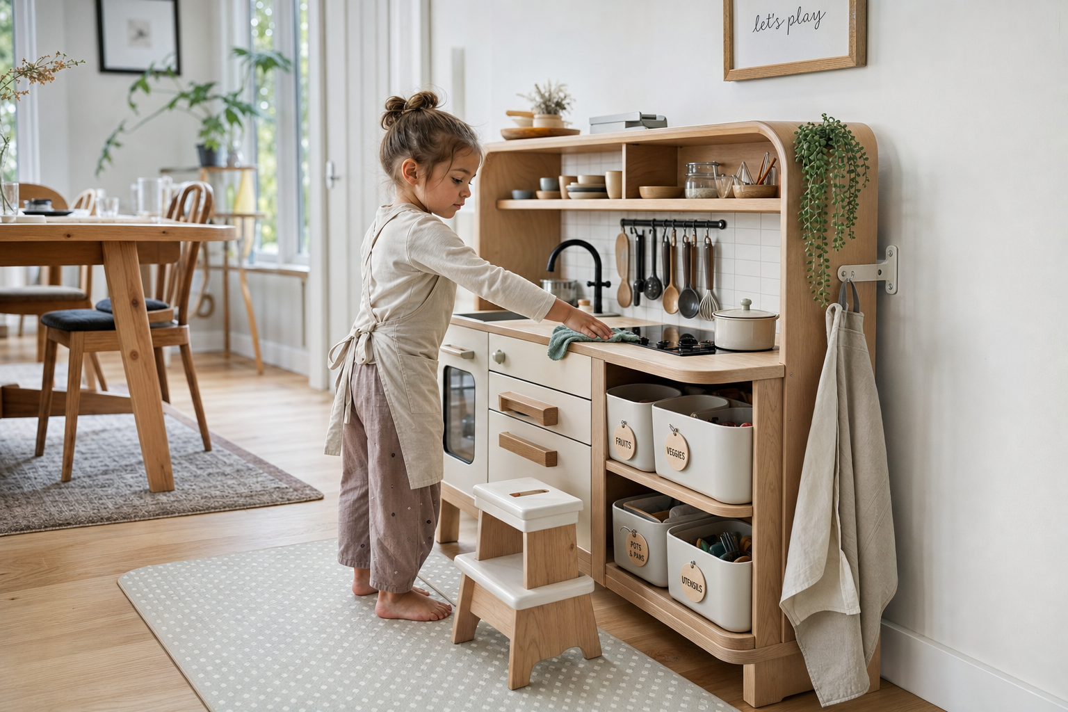 Kindvriendelijke kinderkeuken met laaggeplaatste kasten en veilige keukengerei