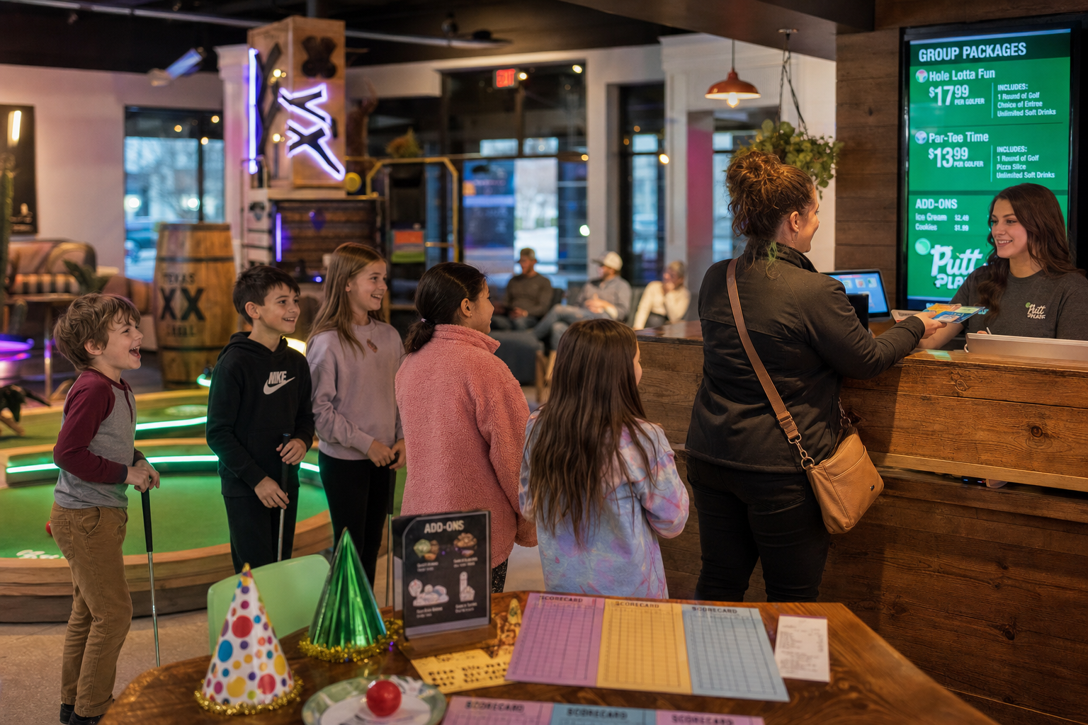 Indoor minigolf baan met kleurrijke obstakels